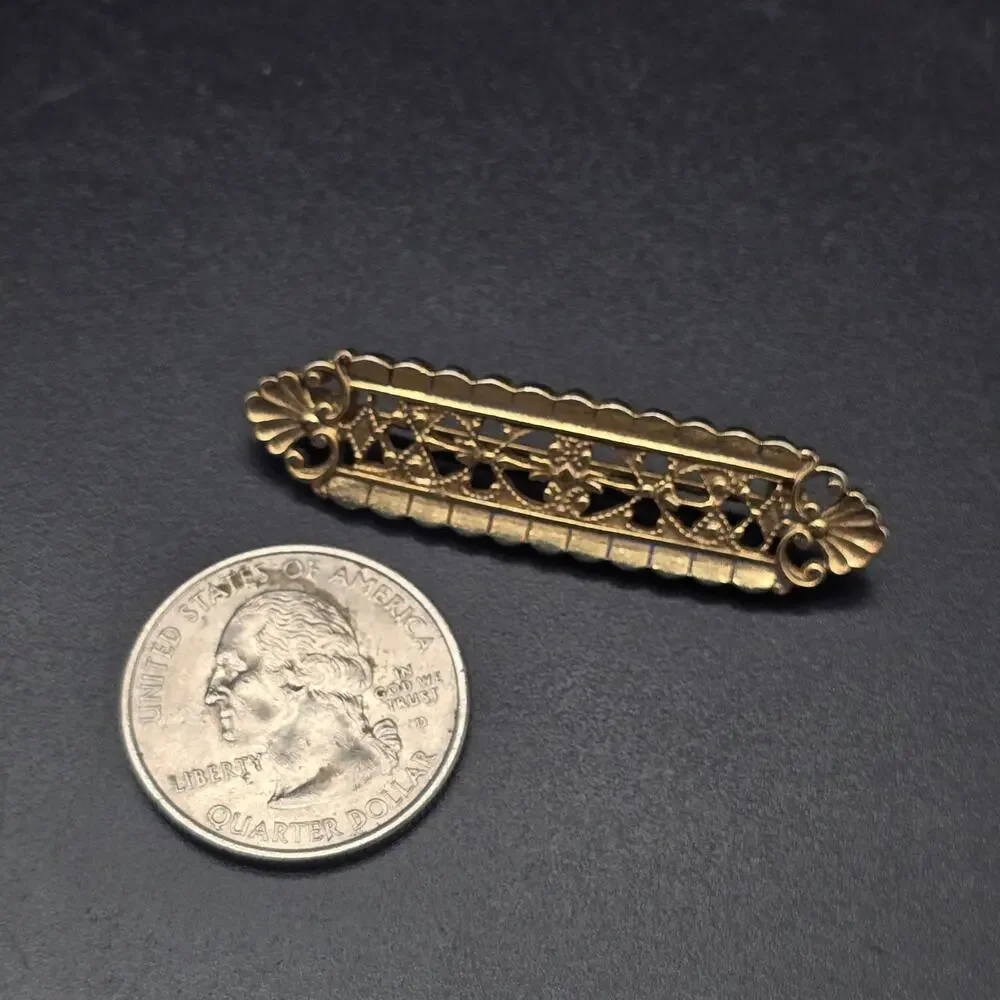 Gold Tone Filigree Bar Brooch Vintage Costume Jewelry